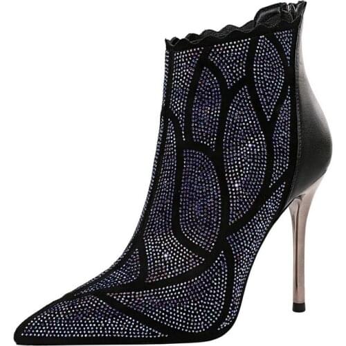 Women Ankle Length Flock Boots Fashion Pointed Toe Thin Heels Shoes Winter Ankle Boots Rhinestone Design Ladies Shoes