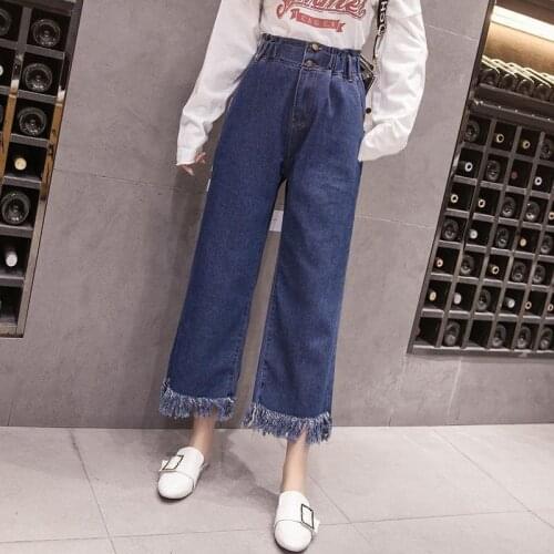 Plus Size Womens Pants Fashion Student Younth Pants Tassels Cuff High Waist Jeans For Girls Loose Ankle-Length Pants Femme