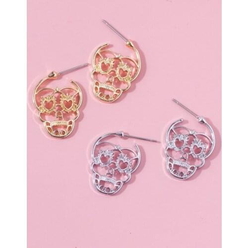 New Steampunk Silver Color Skull Stud Earrings for Woman Vintage Alloy Hollow Skeleton Piercing Ear Gothic Punk Fashion Jewelry