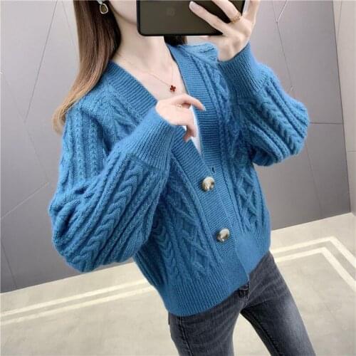 Spring And Autumn Sweater Jacket Women 2021 New Fashion V-Neck Long Sleeve Korean Slim Short Knit Twist Cardigan Ladies Coat M25