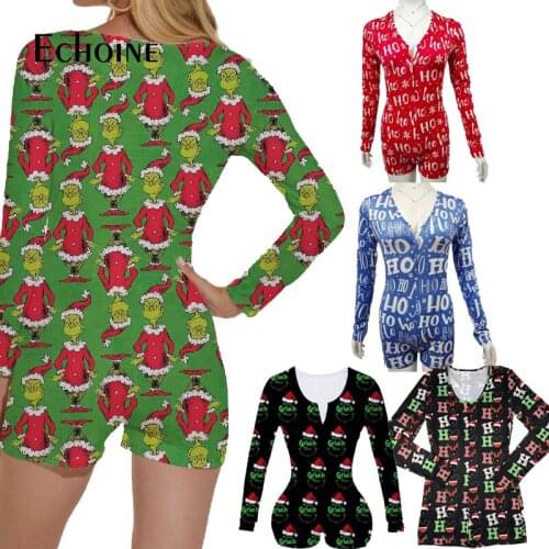 Echoine Women Sexy fine Print V-Neck adult Onesies Home Wear Jumpsuit Pajamas long Sleeve Shorts Bodycon Bodysuit Rompers Pants