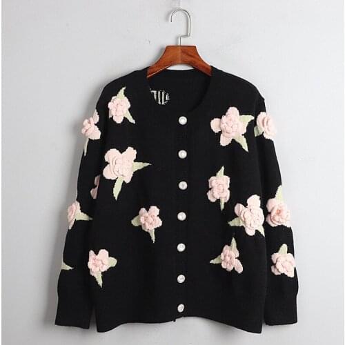 High Quality Christmas Winter Black Vintage Luxury Cardigan Women 3D flower Embroidery Sweater o-Neck Single Breasted Clothes