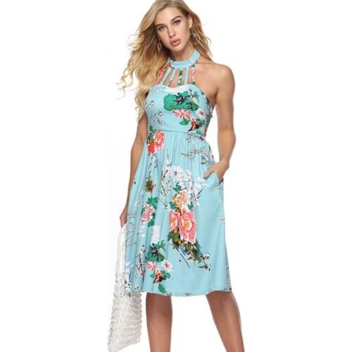 ENLU Women Elegent Backless A- line Hanging neck Dress Vintage printing party vestidos sleeveless women Spring pocket Dress