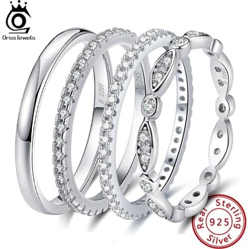 ORSA JEWELS Classic 925 Sterling Silver Ring AAAA Marquise CZ Geometric Stackable Rings for Women Wedding Band Jewelry Gift SR71
