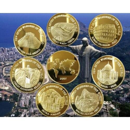 100 Pieces/lot Cultural Collection Gold Coin China Great Wall / Colosseum Coin / Pyramid World Seven Wonders Commemorative Coin