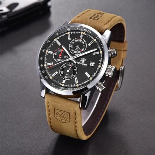 BENYAR Mens Sports Chronograph Quartz Watch Original Luxury top waterproof mens clock leather military watch hour