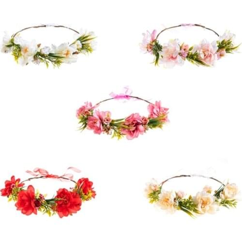 Boho Artificial Flower Garland Crown Wedding Bride Bridesmaid Headband Halo Wreath with Adjustable Ribbon Photo Props