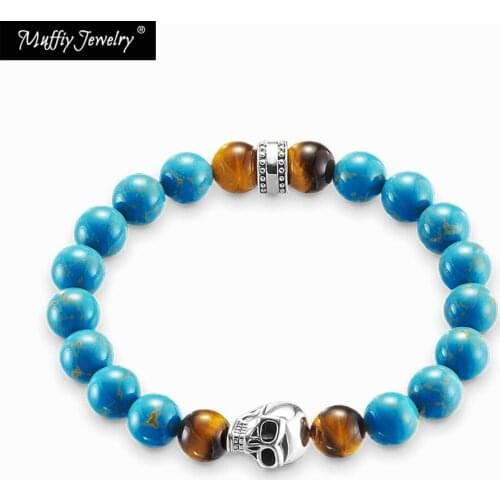 Skull Bead & 8mm Blue Stone Beads Bracelet,Europe Style Good Karma Jewelry For Women,2018 Fashion Gift In Silver,Super Deals