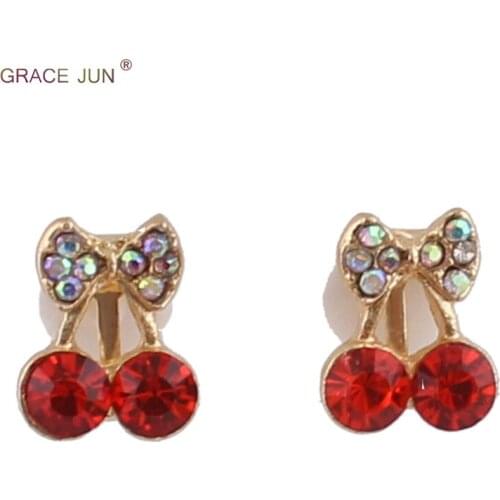 GRACE JUN Gold Color Rhinestone Bowknot Small Cherry Clip on Earrings Crystal Fashion Cute Ear Clip Factory Direct Wholesale