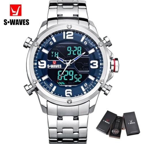 SWAVES Quartz Watches Mens 2019 Analog Digital Clock Relojes Hombre Stainless Steel Waterproof Unique Army Men Watch With Box