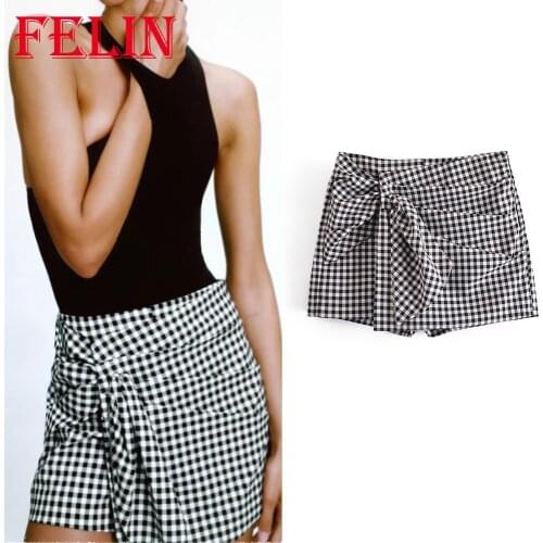 FELIN Za Vintage Plaid Pleated Shorts Skirts Women Summer Fashion 2021 Streetwear Shorts High Waist Drapped Mini Trousers Shorts