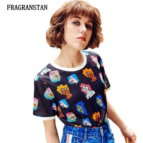 Women Spring Summer New O-Neck Black T-Shirt Female Fashion Cartoon Printed Short Sleeve Top Hollow Out Casual Ladies Tees JQ672