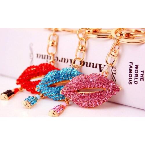 Hot Red Flower Lip Kiss Keyring Rhinestone Crystal Punk Cool Handbag Car Keychain Party Wedding Birthday Gift