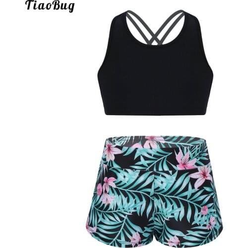 Summer 2Pcs Kids Girls Sport Suit U Neck Spaghetti Straps Criss Cross At Rear Cropped TopLily Print Shorts Set For Gym Yoga