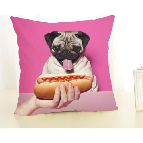 Cute Cartoon Pug Dog Printing Cushion Cover Cotton Linen Pug Dog Food Decorative Pillowcase Home Decorative Sofa Pillow Case
