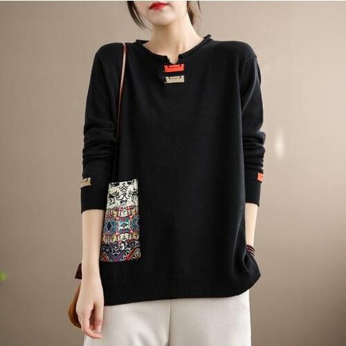2021 New Sweater Spring Retro Women Tops Women O-Neck Print Loose Casual All-match Tops Pullovers Sweater