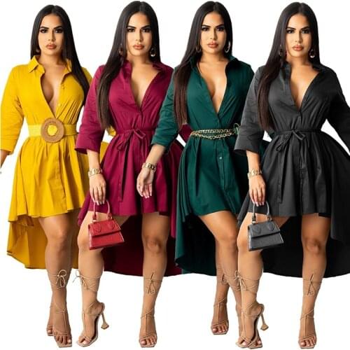 New Fashion Solid Irregular Maxi Shirt Dress Autumn Half Sleeve Button Up Dip Hem Chic Sweet Casual Mini Dress Casual Streetwear
