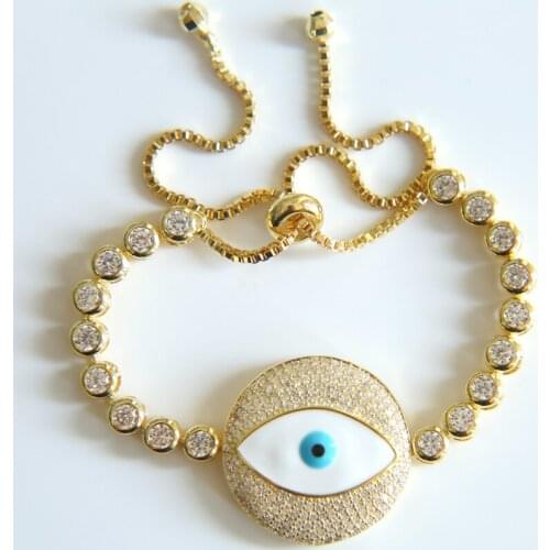 NEW high quality paved CZ Blue Turkey Evil Eye Bracelet Round Charm Bracelets for Women Silver color Link Chain Bracelet