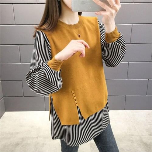 Autumn 2021 Korean Fashion Fake Two Loose Pinstripe Shirt Pullover Splicing Knitting Long Sleeve Top Women Clothing Coat Sweater
