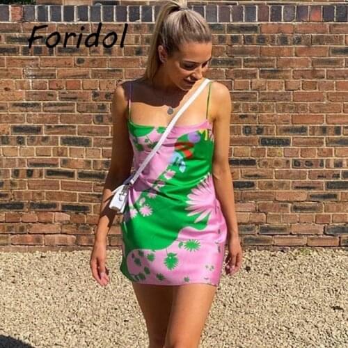 Foridol Strap Sleeveless Print Boho Summer Dress Mini Women Green Floral Dresses Sundress Vintage French Style Dress