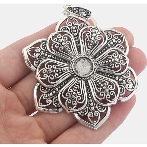 2pcs Antique Large Filigree Flower Pendants for Necklace Jewelry Findings with 10mm Blanks Tray Settings
