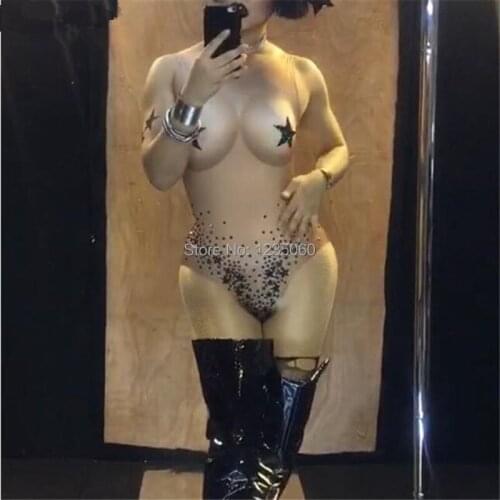 Bright Crystals sexy female bodysuit Skinny Elastic jumpsuit with Diamond nightclub Bar show singer DJ DS performance costume