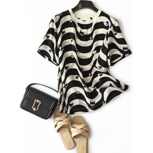 100% silk shirt top women 2021 summer new womens clothing elegant temperament silky geometric printed short sleeve tops