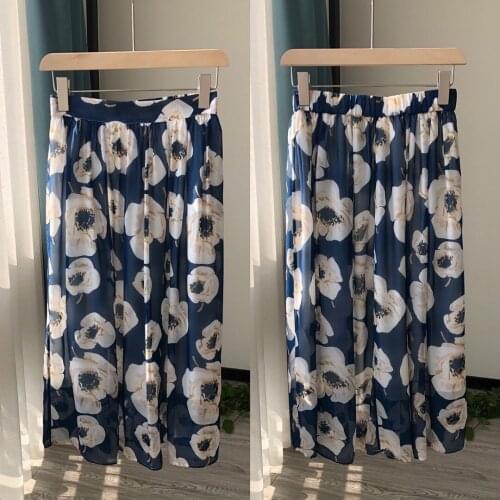 Elastic Waist Peony Flower Midi Skirt For Women 2021 New Summer Fashion 100% Silk Long Skirts Female Jupe