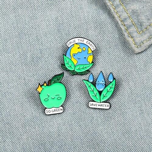 Green Environmental Protection Enamel Pin Custom Wholesale Save The Earth Water Saving Brooch Lapel Pin Plant Badge Gift