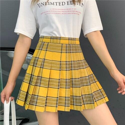 Ruibbit Gothic Punk Harajuku Women Skirts Casual Cool Chic Preppy Style Yellow Plaid Pleate Female Fashion Skirts