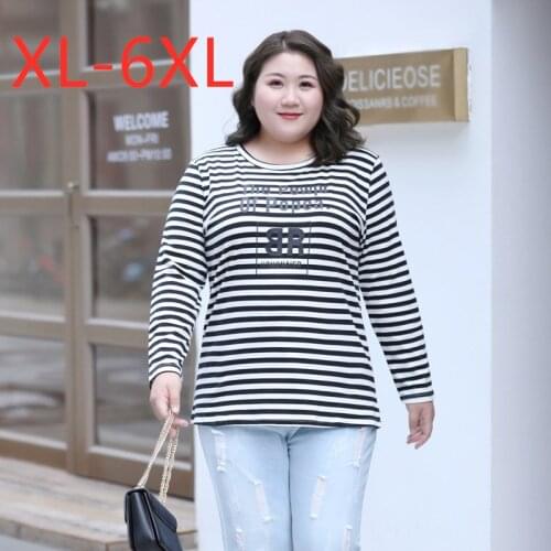 New 2021 ladies spring autumn plus size tops for women large long sleeve loose cotton black white stripe T-shirt 3XL 4XL 5XL 6XL