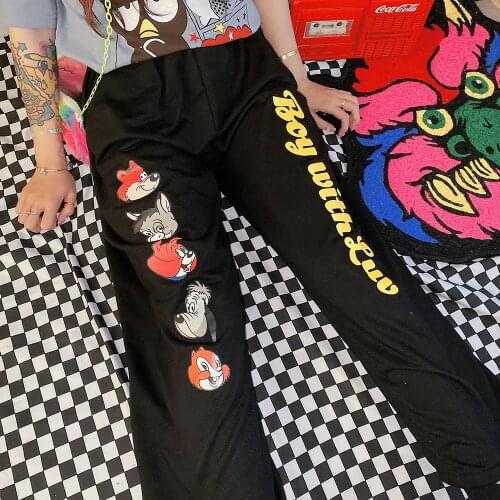 Women Trousers Japanese Harajuku Cartoon Letter Printing Street Pants Harajuku Korean Kawaii Cute Elastic Waist Wide Leg Pant