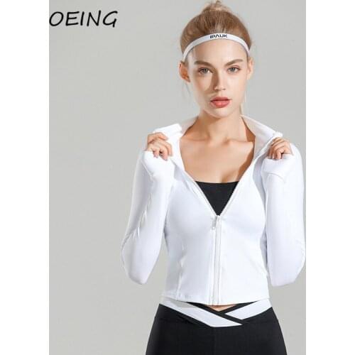 Womens Sport Shirts Long Sleeve Zip Up Crop Tops Exercise Gym Wear Workout Yoga Top Running Clothes