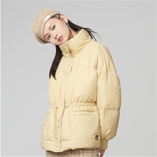 2020 winter womens fashion warm yellow drawstring waist high neck down jacket