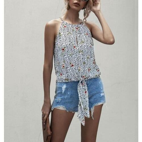 Women Vest Tank Tops Camisole Leopard Print Split T-Shirts Sleeveless Self Tie Tops