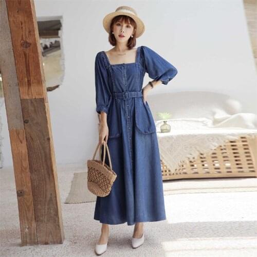 Autumn Denim Sexy Square Collar Dress 2020 Vintage Womens Slim Belt Dresses With Big Pockets N2266 Female Single Breasted Dress