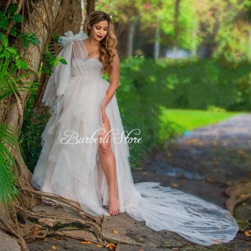 One Shoulder Tulle Ruffles Maternity Women Dresses To Photo Shoot Sexy Side Split Pregnancy Dress Custom Made Bridal Gowns