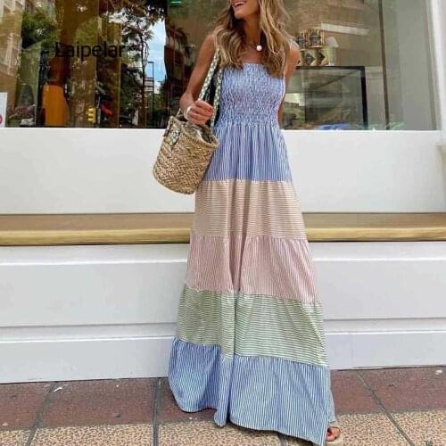 Spring Off Shoulder Bow Sling Maxi Dress Summer Sleeveless Pleated Beach Dresses Women Striped Pring Patchwork Long Party Dress