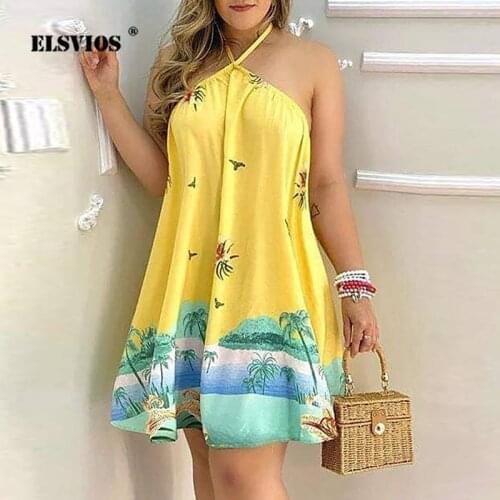Vestidos 2021 Sexy Sling Halter Big Backless Mini Straps Dress Summer Elegant Floral Print Dress Women Fashion Party Dresses 3XL