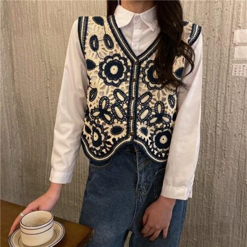 Floral Crochet Knitted Vest Women 2021 Summer Autumn Womens Retro Sleeveless Jacket Cardigan Boho Bohemian Embroidery Waistcoat