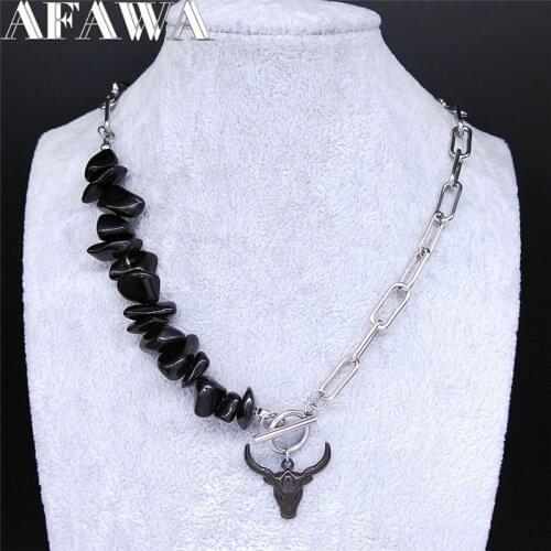 2021 Gothic Stainless Steel Black Natural Stone Bull Head Charm Necklaces Women/Men Silver Color Jewelry collier femme NXS03