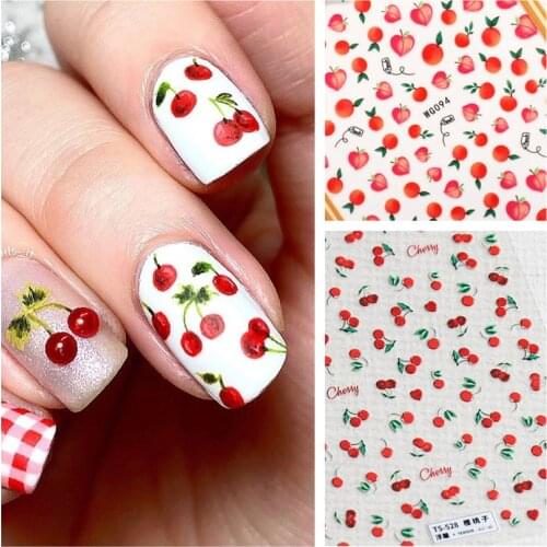 1pc Cherry Nails Sticker Fruit 3D Stickers for Summer Peach Lemon Strawberry Nail Art Transfer Decals Adhesive Slider Sticker