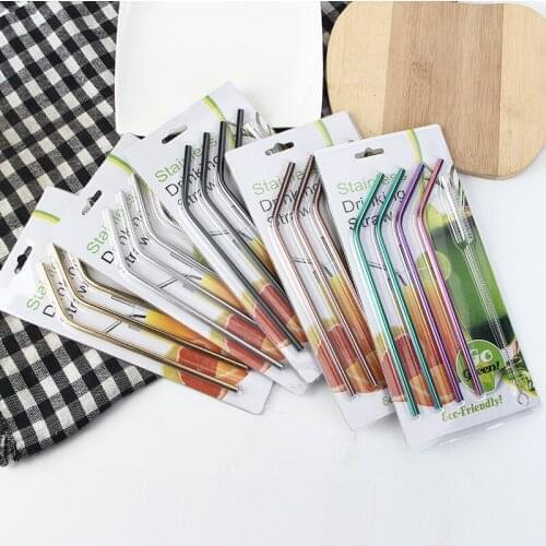 50set/lot Color Stainless Steel Straw Set Mirror Polished Sucker Beverages Curved Straw Drinks 4 Straw and 1 brush