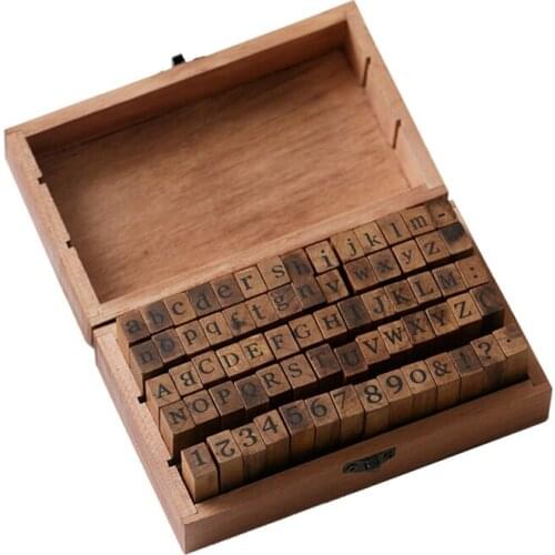 70Pcs DIY Letter Alphabet Stamp Vintage Teach Wooden Alphabet and Number Stamps Set with Dark Brown Wooden Box
