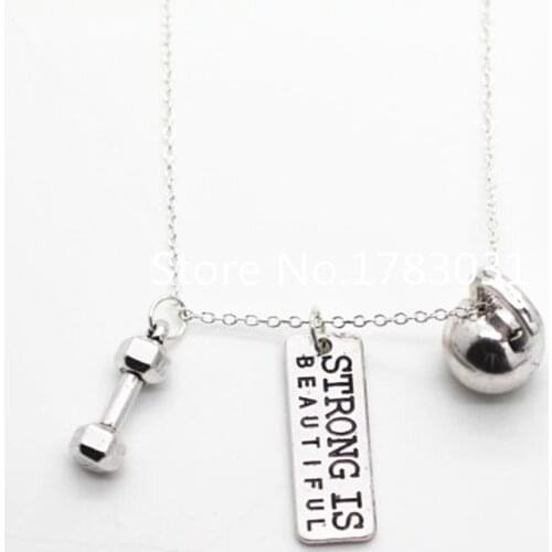 Antique Silver Tone Crossfit Bodybuilding Strong Is Beautiful Kettlebell Barbell Fitness Men Necklace