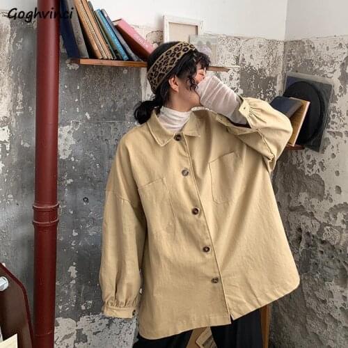 Blouses Shirts Women Solid Single Breasted Turn-down Collar Harajuku Oversize Streetwear Teenagers Casual Outwear Retro Tops New