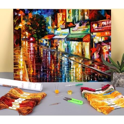 Downtown Rain Printed Water-Soluble Canvas 11CT Cross Stitch Complete Kit Embroidery DMC Threads Handmade Craft Jewelry