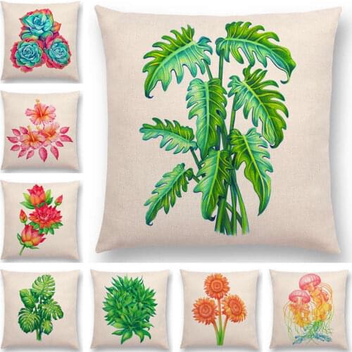 Hot Sale Watercolor Plants Hibiscus Agave Monstera Philodendron Peony Phoenix Palm Lotus Fern Flowers Cushion Cover Pillow Case