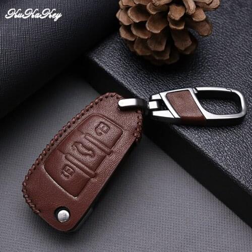 Brown Leather Car Key Cover with Key Holder For AUDI A1 A3 A4 A6 Q3 TT Q7 S3 Car Interior Accessories