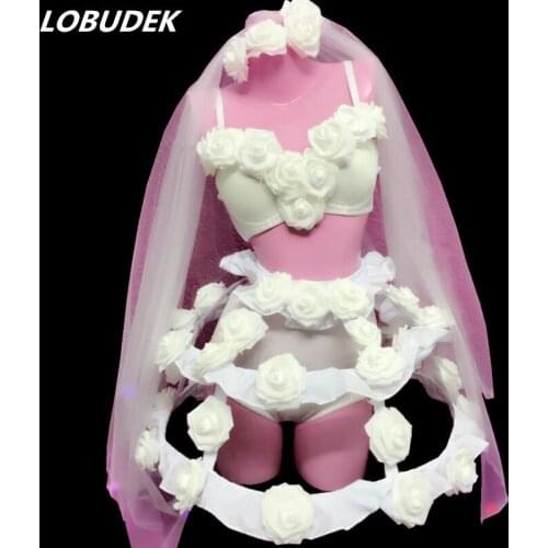 Valentines Day Nightclub Party Show Stage Outfit Red White Rose Bikini Skirt 4 Pieces Womens Set Dancer Models Catwalk Costume